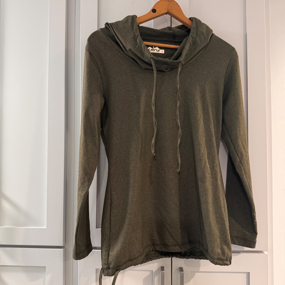 KAVU Womens Olive Green Cowl Neck Hooded Long Sleeve Top Size S Drawstring Hem